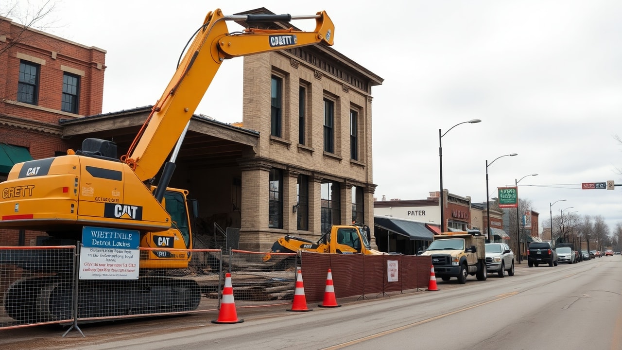Detroit Lakes pavilion demolition begins with crews and safety fencing near the Detroit Lakes Pavilion site