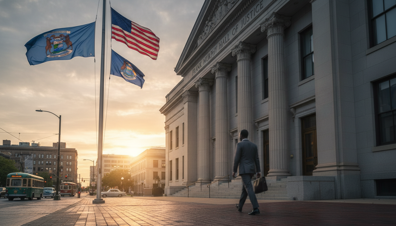 A Detroit lawyer walking toward a federal building during the Whitmer controversy investigation.