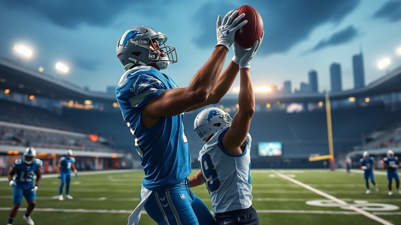 Detroit Lions 2026 breakout candidate, a 6-foot-4 wide receiver making a catch during training camp watch