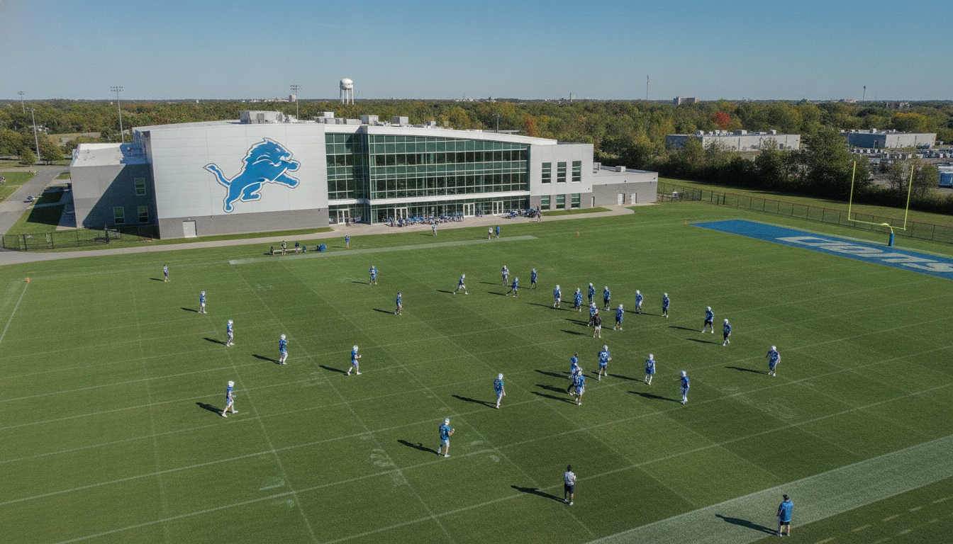 The Detroit Lions roster participating in drills at the Allen Park training facility.
