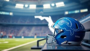 Detroit Lions’ Terrion Arnold on a sports desk background with Florida courthouse theme