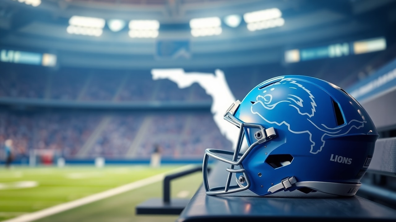 Detroit Lions’ Terrion Arnold on a sports desk background with Florida courthouse theme