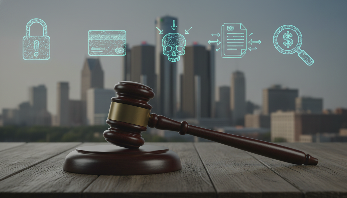 A gavel and legal documents representing an identity theft Detroit case investigation.