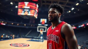 Detroit Pistons player Jalen Duren shown during a tense moment, reflecting max contract talks after postseason struggles