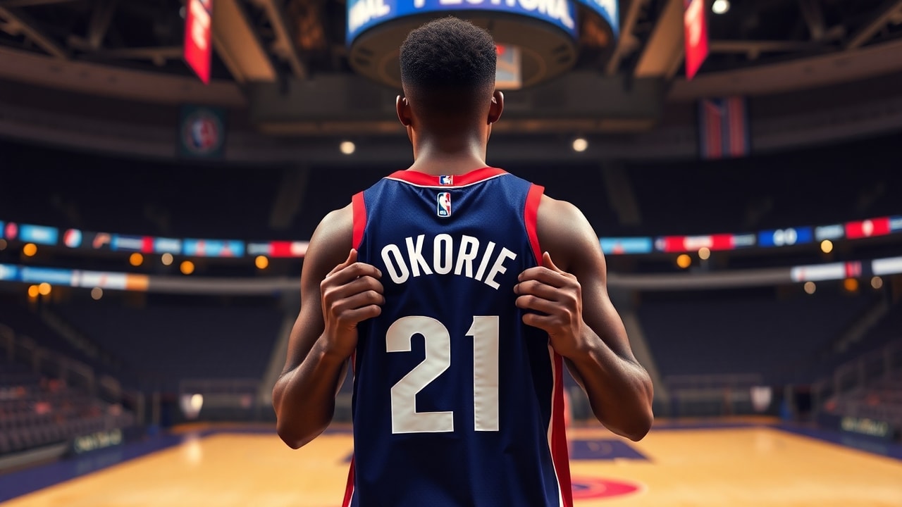 Detroit Pistons rookie jersey number announcement featuring Ebuka Okorie in Detroit