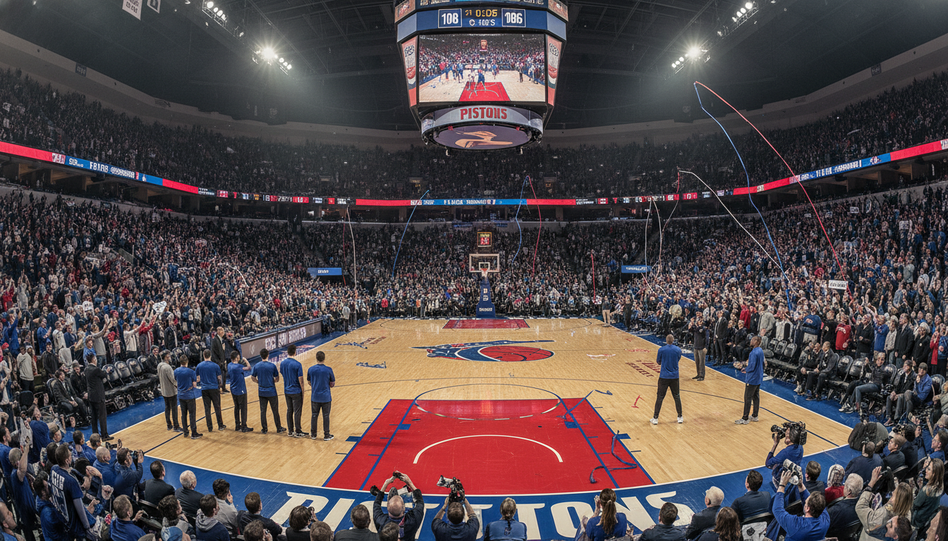 Detroit Pistons players celebrating a Game 5 victory in the NBA playoffs