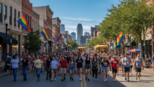 A vibrant Detroit Pride celebration with people gathering for cultural events in the heart of Metro Detroit.