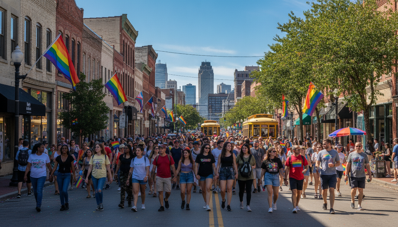 A vibrant Detroit Pride celebration with people gathering for cultural events in the heart of Metro Detroit.
