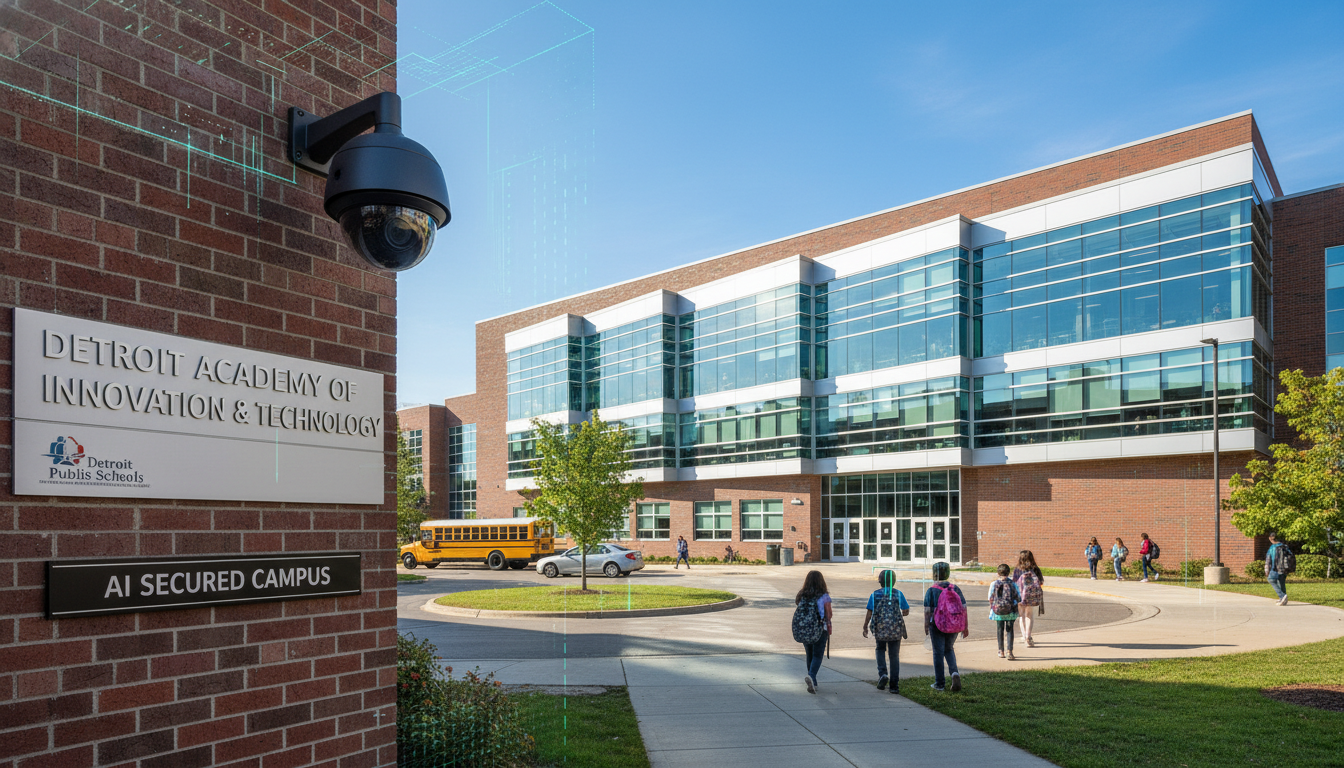 Security camera at a Detroit school representing AI security schools technology