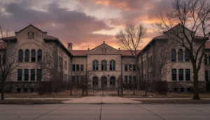 The historic exterior of Cooley High School in Detroit which is scheduled for demolition.