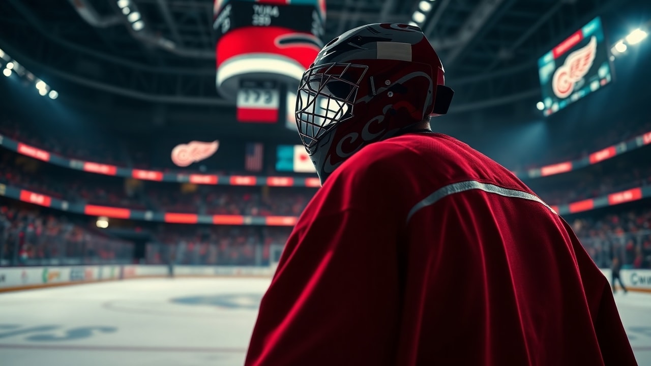 Detroit Red Wings top goalie prospect Cossa trade headline image with a goaltender on ice
