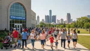 Parents and students attending an enrollment event at one of the many Detroit schools.