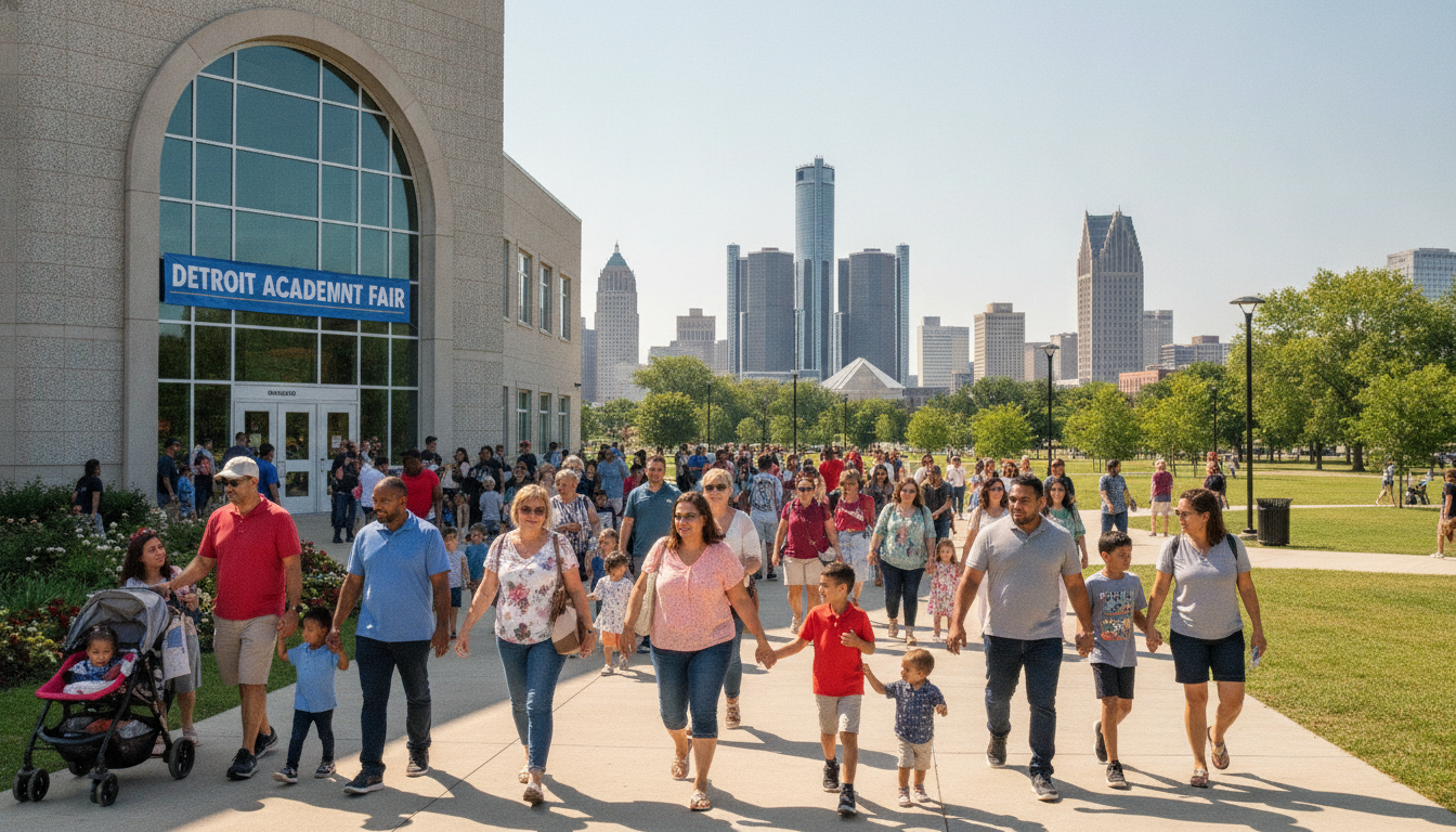 Parents and students attending an enrollment event at one of the many Detroit schools.