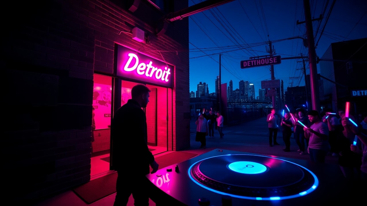 Detroit techno tourism scene outside a neon-lit club with Detroit skyline