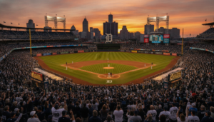 Detroit Tigers vs Yankees game at a crowded Comerica Park with the Detroit skyline in the background
