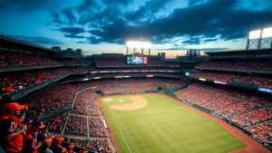 Detroit Tigers fans and lights at Comerica Park ahead of Game 3 vs Houston Astros on Saturday