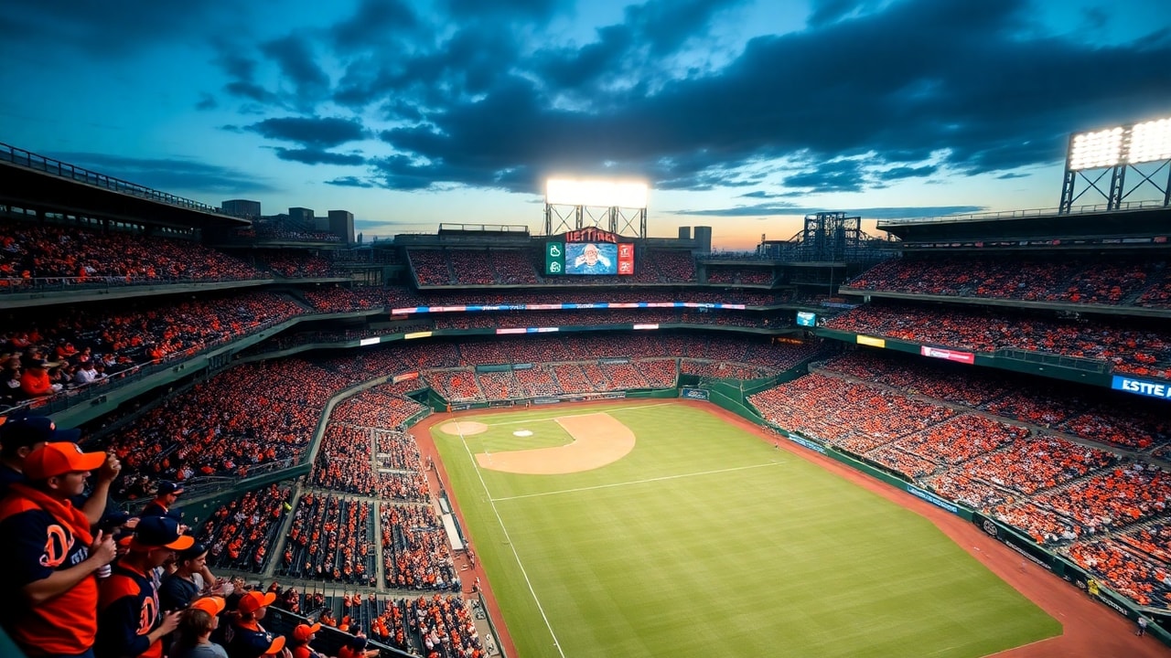 Detroit Tigers fans and lights at Comerica Park ahead of Game 3 vs Houston Astros on Saturday