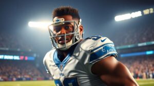 Detroit Lions Jack Campbell NFL Top 100 list recognition at Ford Field