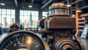 Detroit Diesel two-stroke engine exhibit with reference to 2,100 RPM in a Detroit museum setting