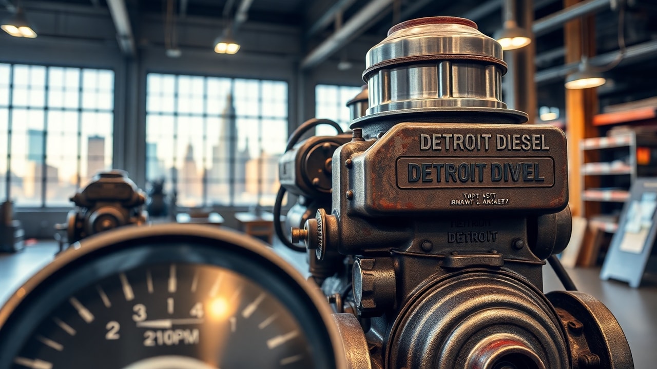 Detroit Diesel two-stroke engine exhibit with reference to 2,100 RPM in a Detroit museum setting