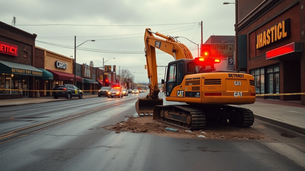 Detroit excavator theft investigation scene with police tape and a damaged excavator near businesses
