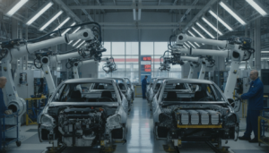 A Detroit assembly line reflecting the impact of gas prices on vehicle production.
