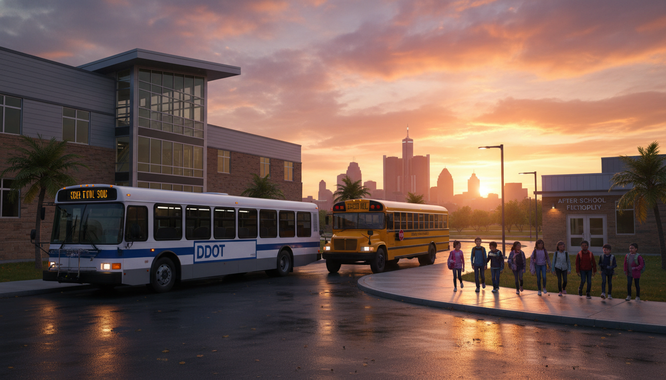 A Detroit schools student transport bus parked in front of a local community center.