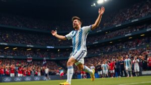 Lionel Messi celebrates during Argentina vs Jordan in Detroit for World Cup history