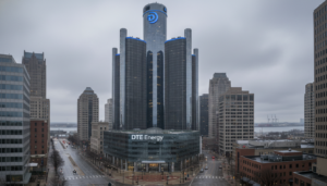 The DTE Energy headquarters building in Detroit, illustrating the ongoing utility controversy over energy prices.