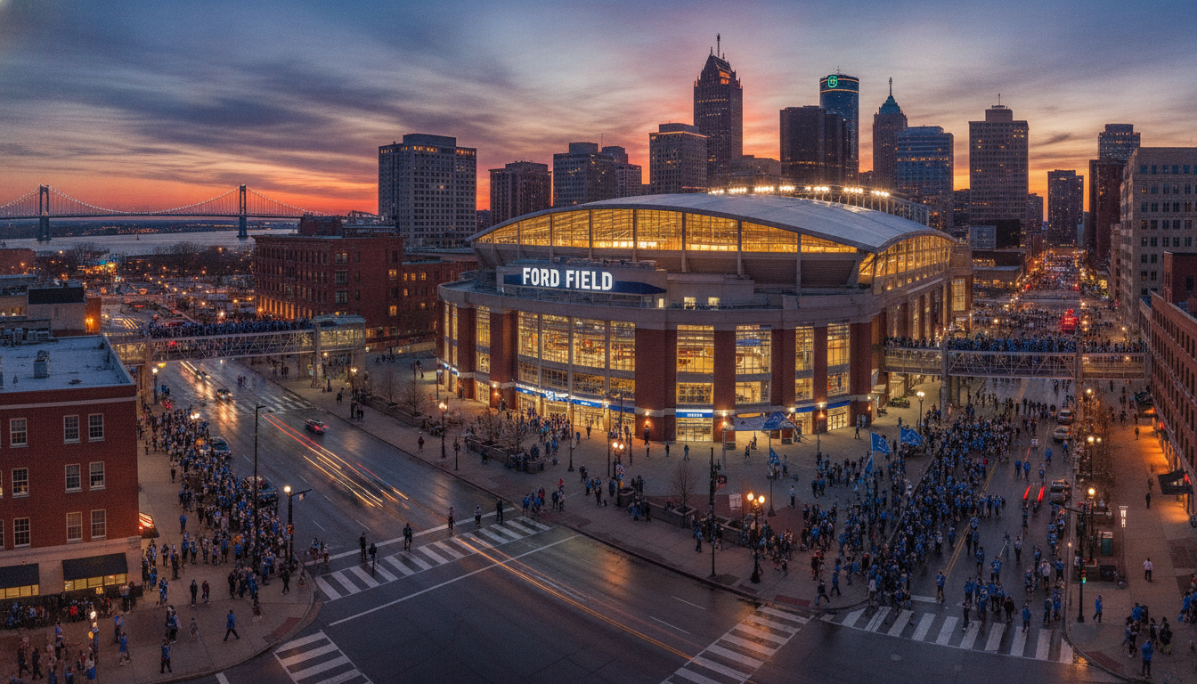 Detroit Lions fans walking toward Ford Field for an NFC North divisional game.