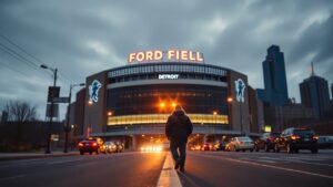 Detroit Lions 2026 featured at Ford Field with Detroit skyline in the background