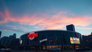 Detroit Pistons cap space: Little Caesars Arena at dusk with subtle salary-cap concept visuals