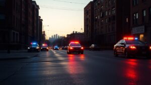 Detroit west side barricaded situation police response perimeter with flashing lights and safety tape