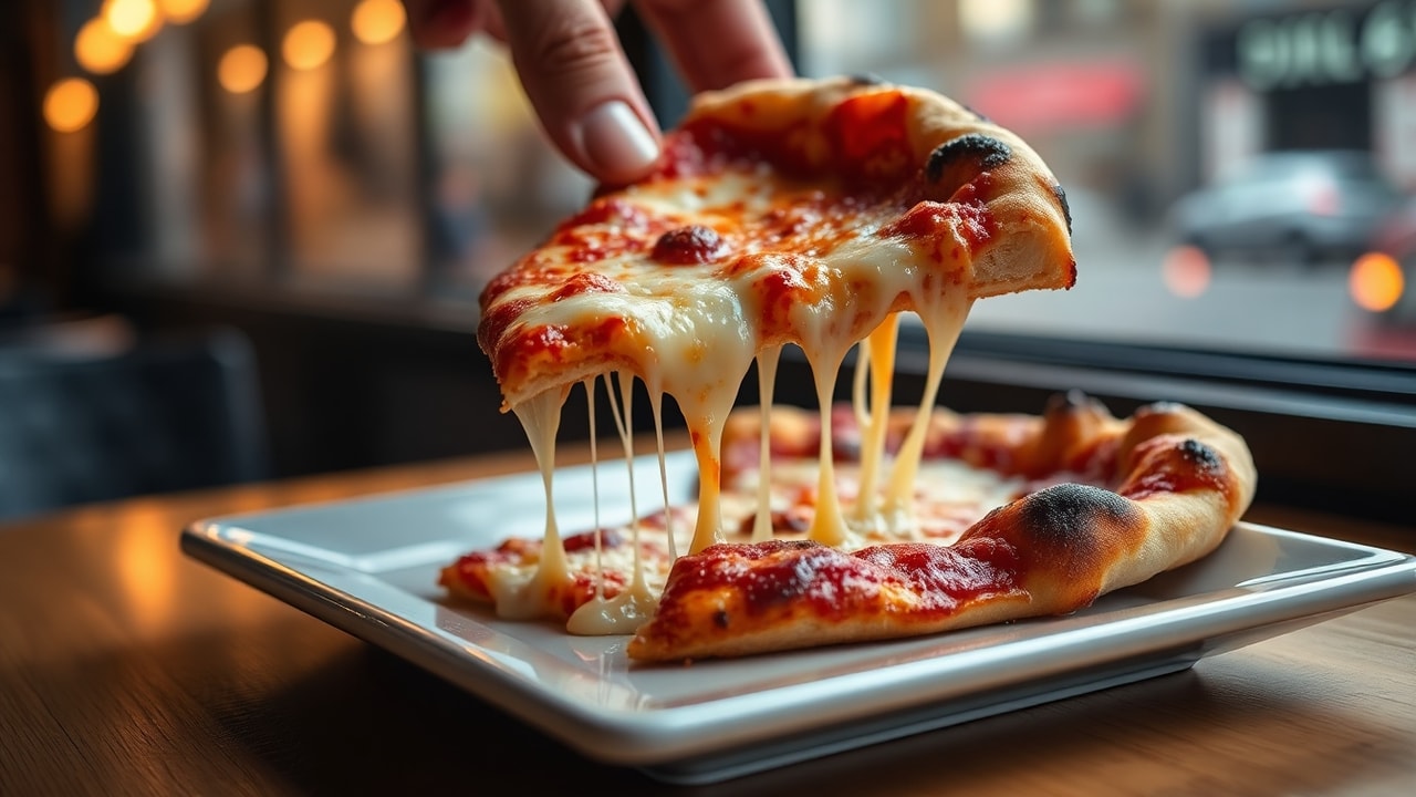 Detroit-style pizza from Sarv’s Slice on Ealing Broadway, showing browned cheese corners and a crisp crust