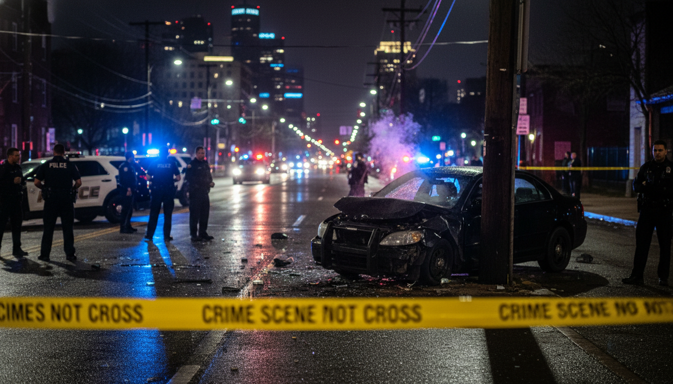 Detroit crime scene showing a car crash following a stabbing incident on the west side.