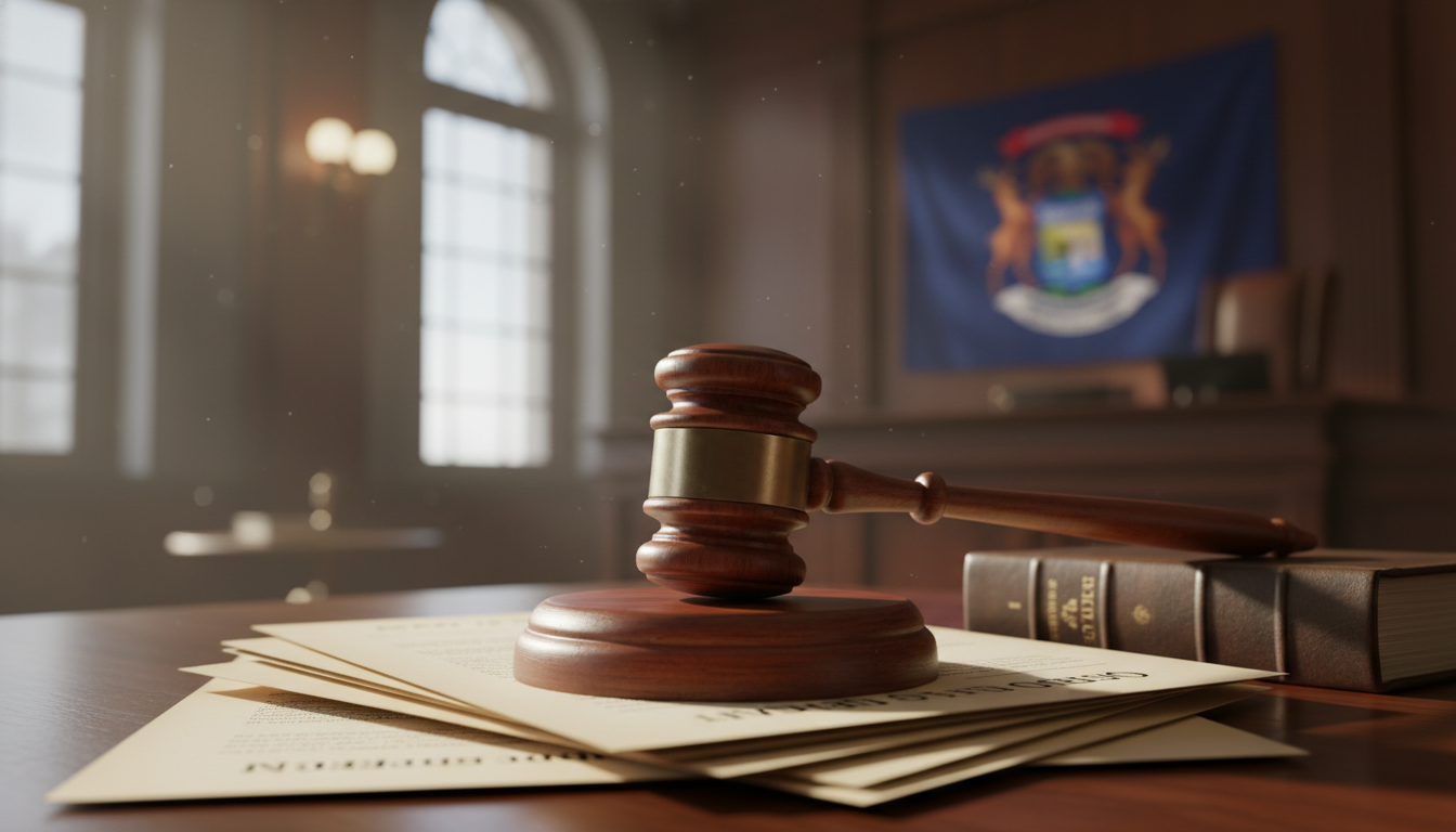 A gavel and legal papers representing a Detroit judge and the election ballot controversy.