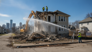 Heavy machinery and environmental crews at a Detroit environment cleanup site.