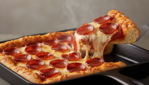 A close up of a Trader Joe’s Detroit-style pizza featuring a thick crust and caramelized cheese edges.
