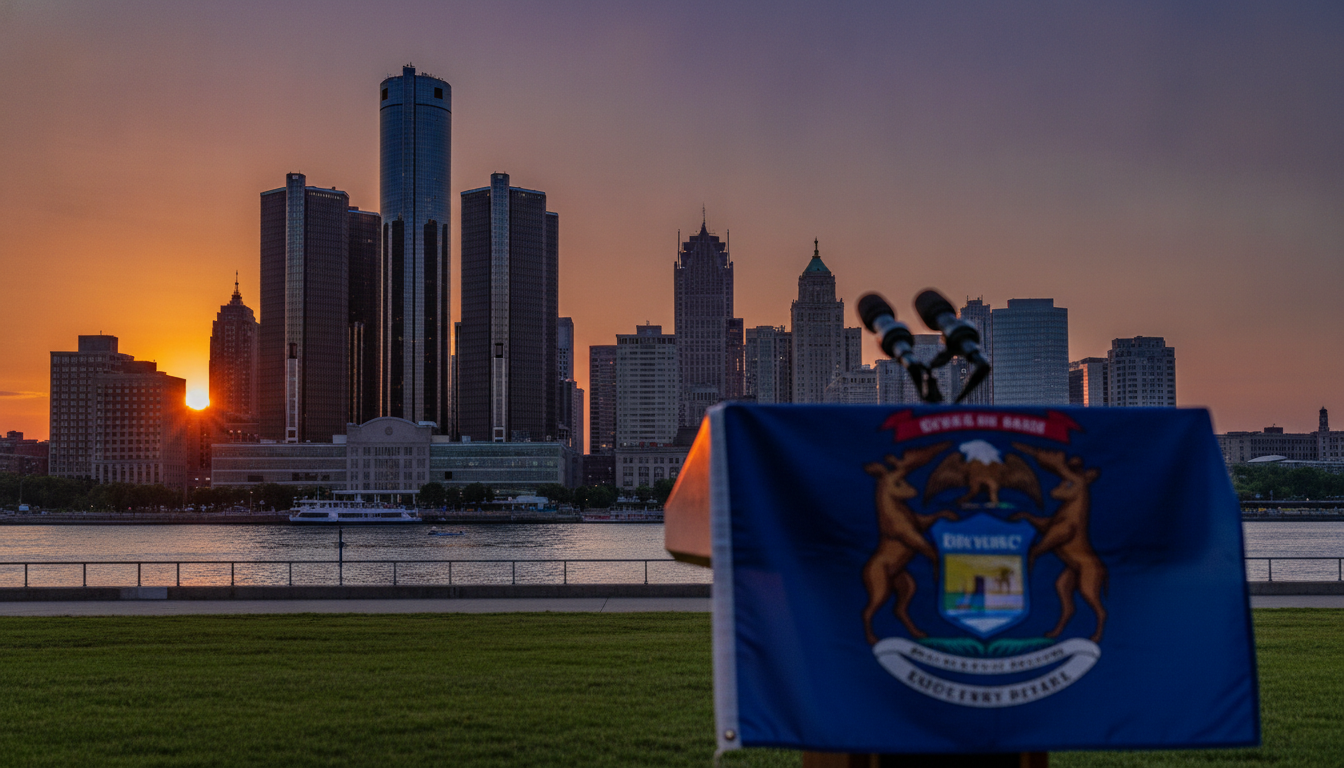 A political rally setting representing the news that Trump Endorses John James for the Michigan Governor race.