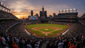 A packed crowd at Comerica Park watching a Detroit Tigers vs Yankees game during a summer evening.