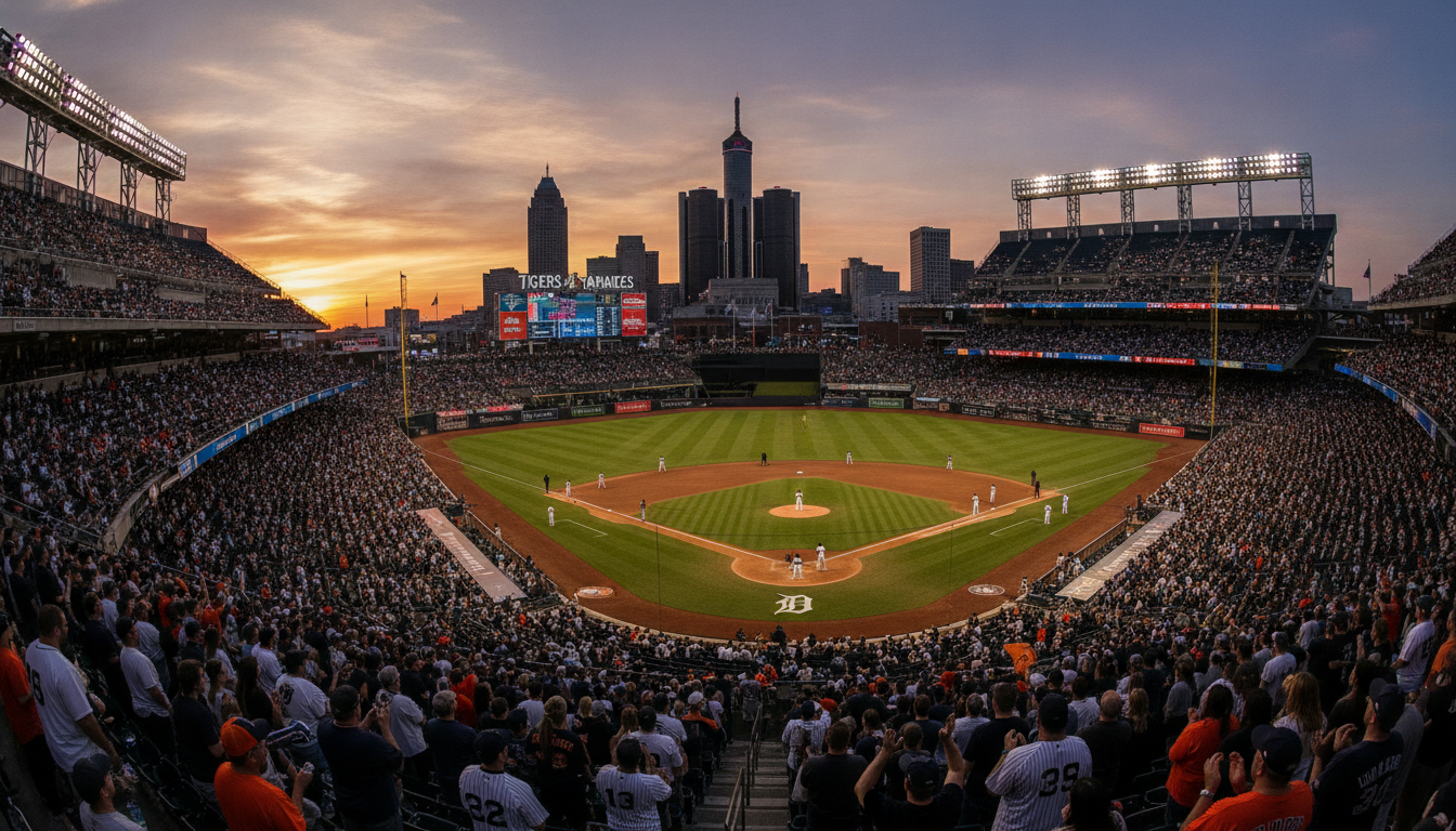 A packed crowd at Comerica Park watching a Detroit Tigers vs Yankees game during a summer evening.