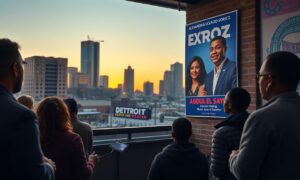 Alexandria Ocasio-Cortez endorsement in support of Abdul El-Sayed for the U.S. Senate in Michigan, with Detroit in the background