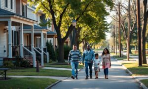 Family walking on a tree-lined neighborhood street in Detroit with safe sidewalks and nearby green space