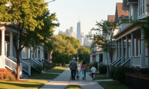 Family walking through a safe, welcoming residential neighborhood in Detroit