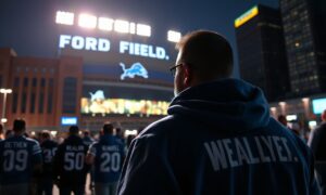 Dan Campbell speaks during a Detroit Lions 2026 outlook moment outside Ford Field in Detroit