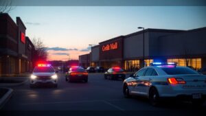 Detroit-area mall shooting investigation scene with suburban Detroit police activity outside a shopping mall