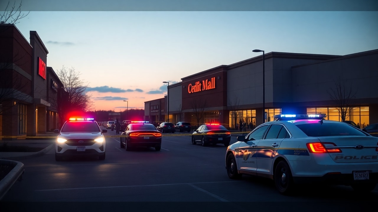 Detroit-area mall shooting investigation scene with suburban Detroit police activity outside a shopping mall