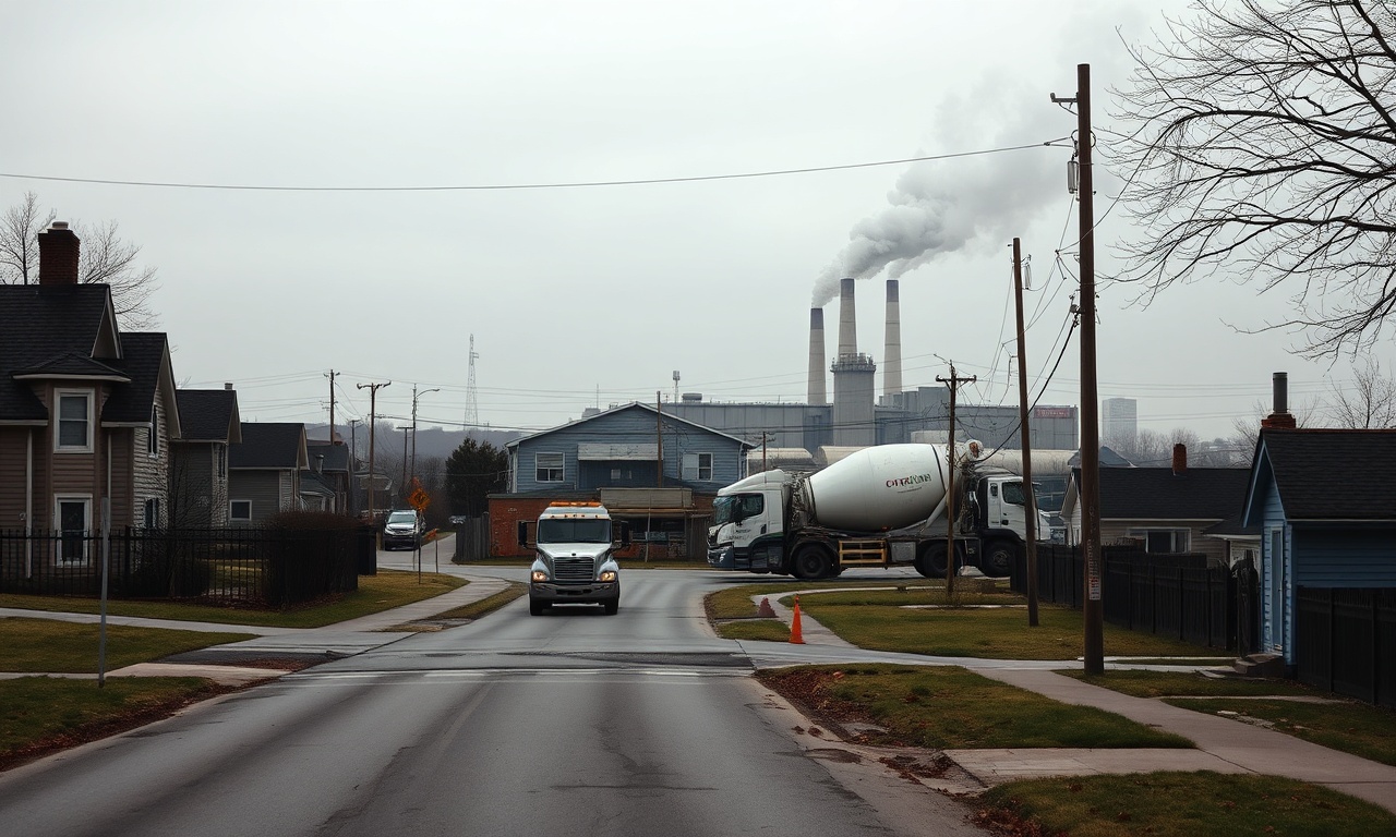 Detroit concrete plant expansion near homes, with trucks and dust raising local environmental impact concerns