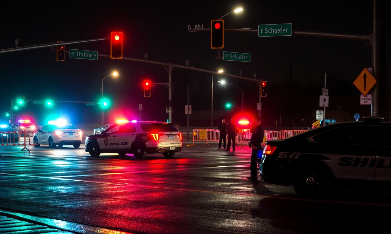 Detroit car crash at 6 Mile and Schaefer with emergency vehicles and police lights