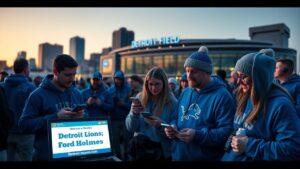 Brad Holmes debate among Detroit Lions fans in Detroit sports news headlines outside Ford Field
